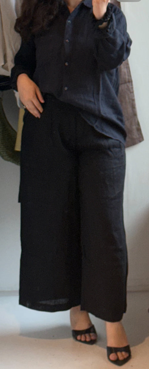 Italian Linen Set – Oversized Shirt & Wide-Leg Pants (Black)